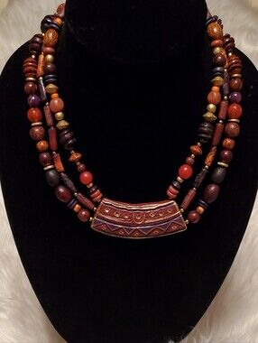 Bohemian Wood Beaded Brown Red And Black Long Chunky Necklace OS